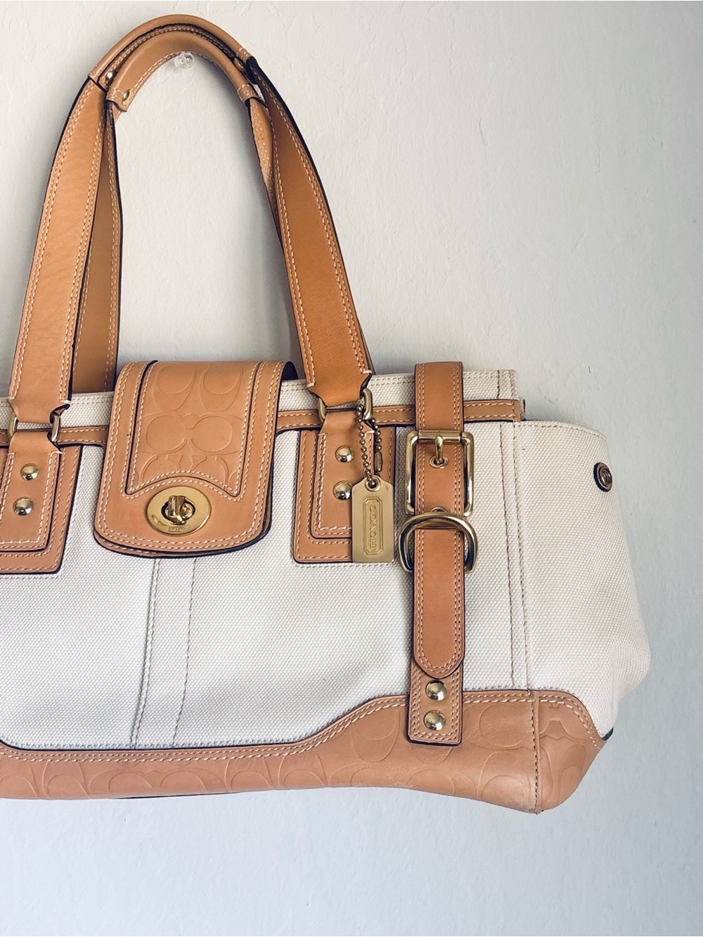 Coach Hamptons Miranda Carryall Shoulder Bag Ivory Tan Canvas Leather #F11958 - Picture 2 of 5